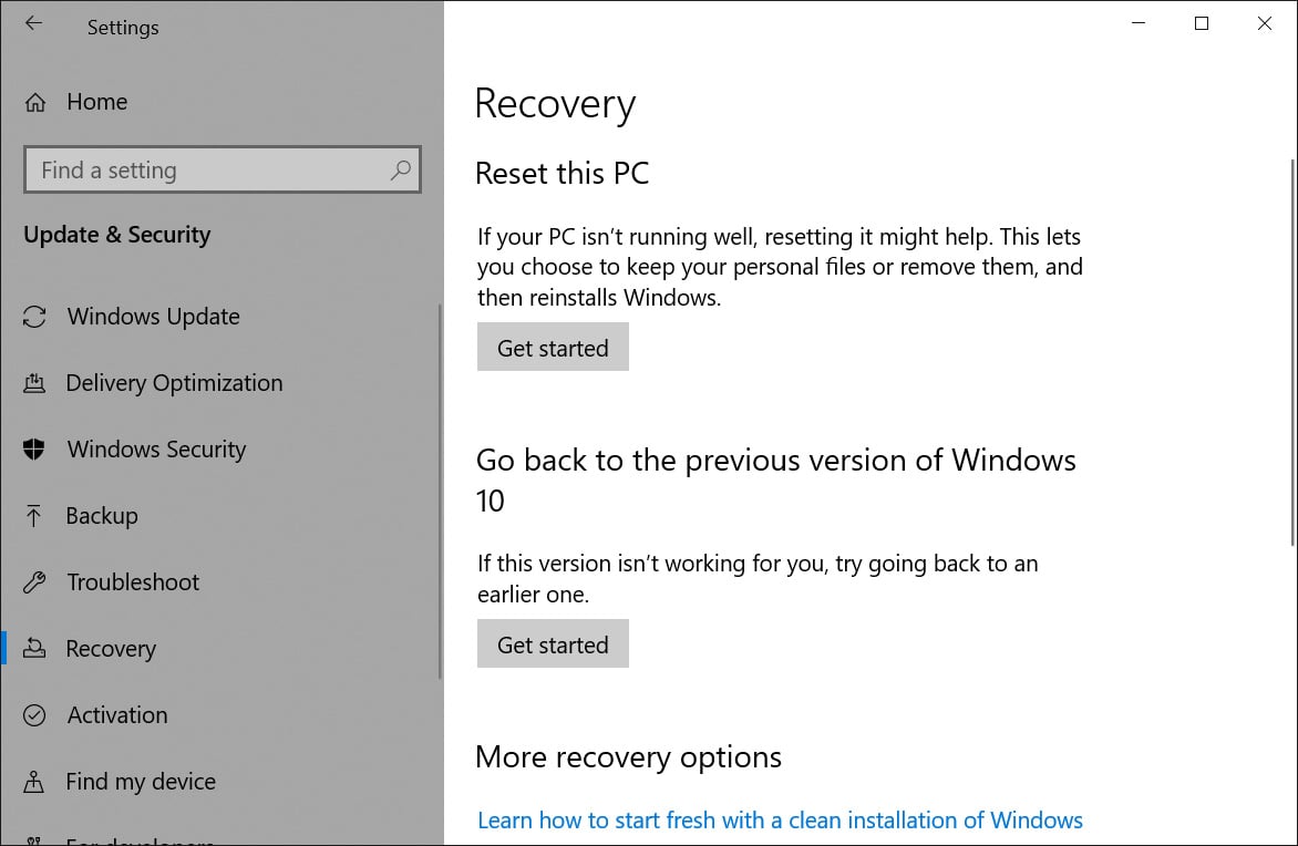 Recovery settings screen