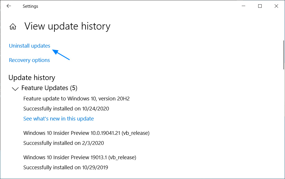 View update history settings page