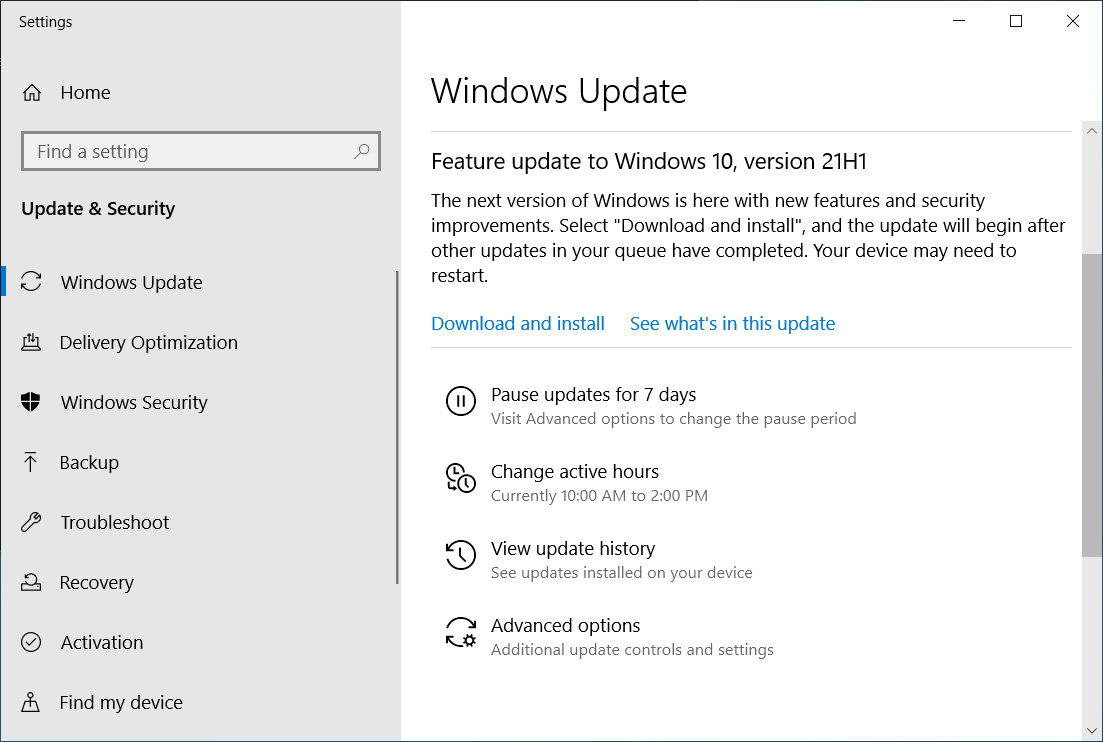 Windows 10 21H1 offered via Windows Update