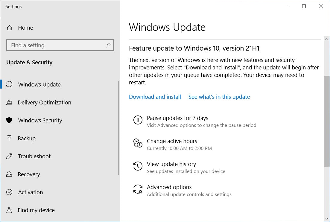 Windows 10 21H1 offered as an optional update