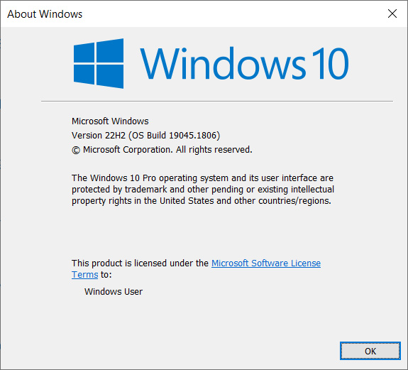Windows 10 upgraded 22H2 build 19045.1806