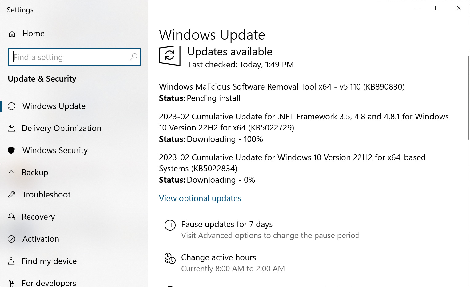 Windows Update installing the KB5022834 update