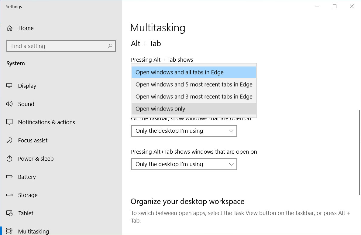 New Alt + Tab Multitasking settings
