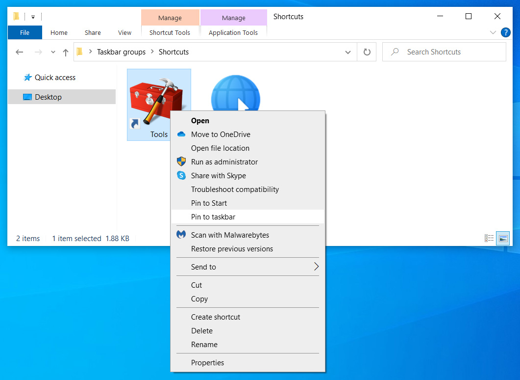 Pin the Tools group to the Taskbar