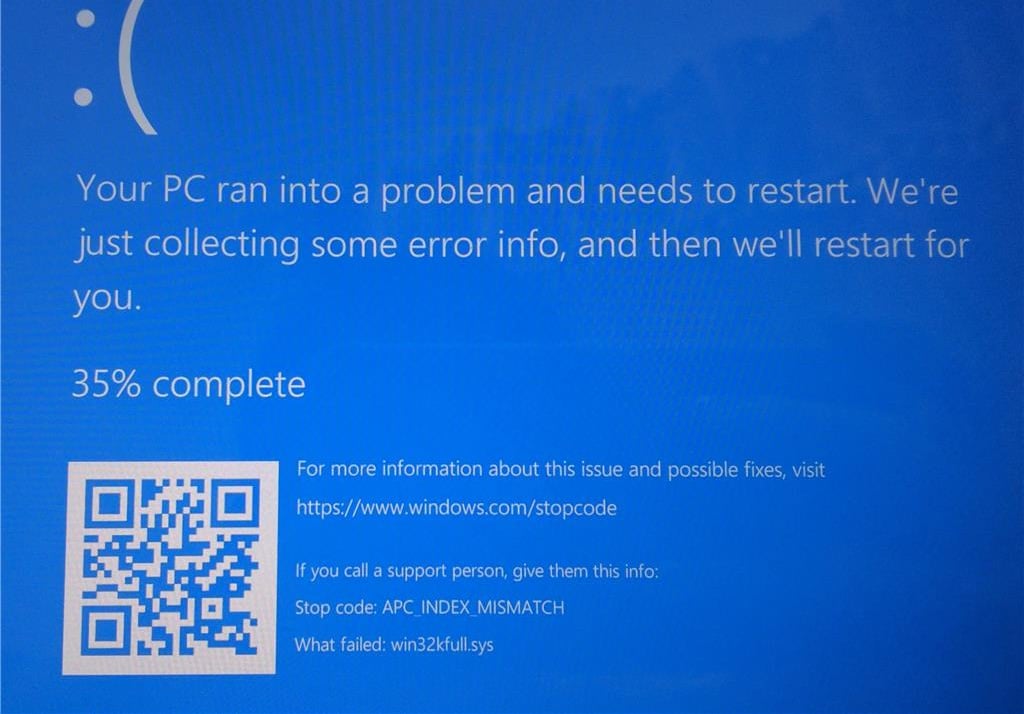 Example APC_INDEX_MISMATCH blue screen crash