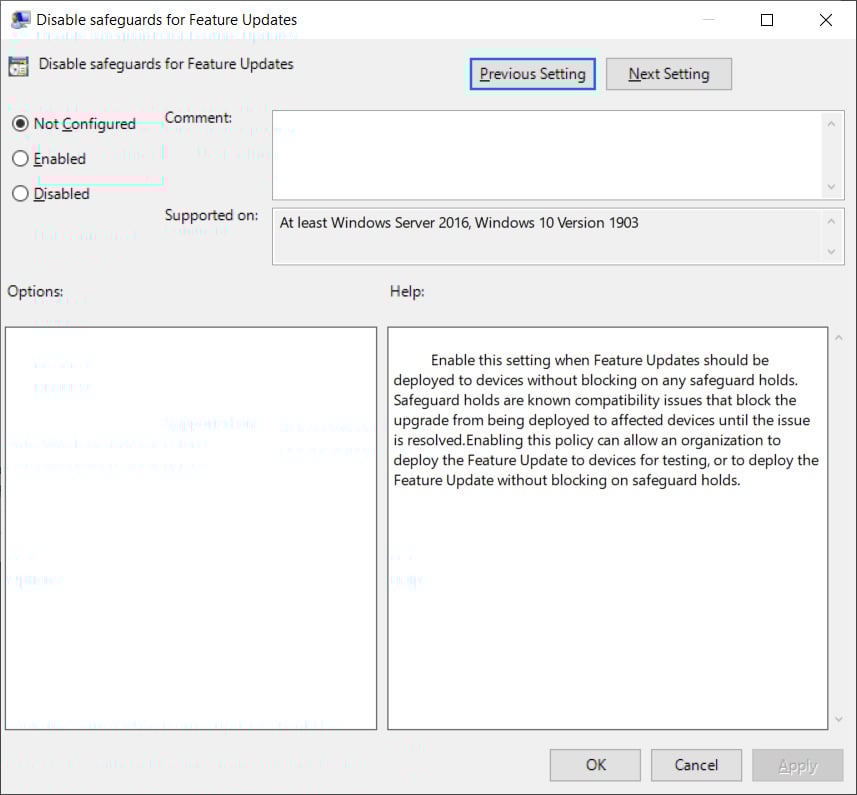 Disable safeguards for Feature Updates group policy