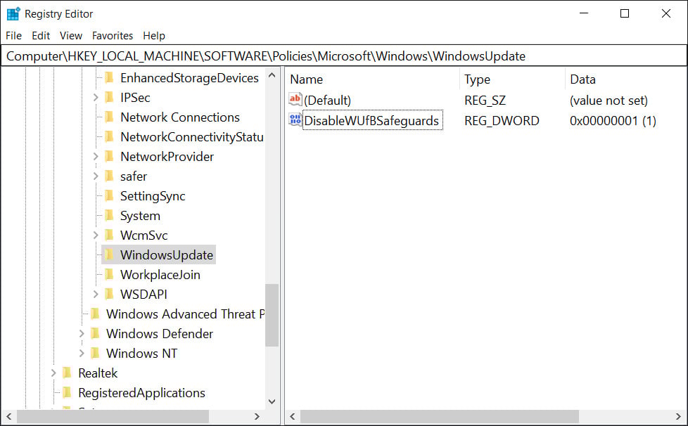 Policy created in the Windows Registry