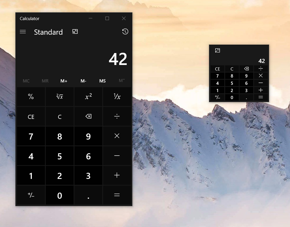 Windows 10 calculator getting always on top mode compact version