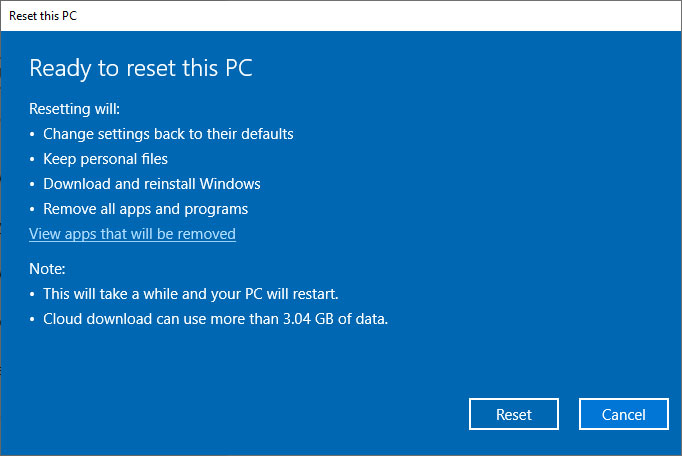 Reset this PC confirmation