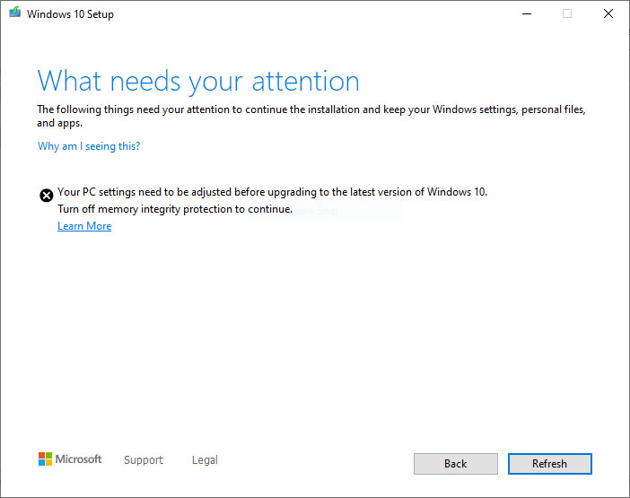 Windows 10 upgrade block message