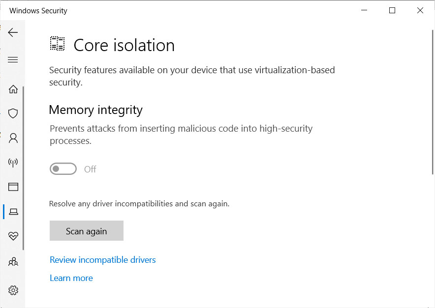 Memory integrity disabled due to incompatible drivers