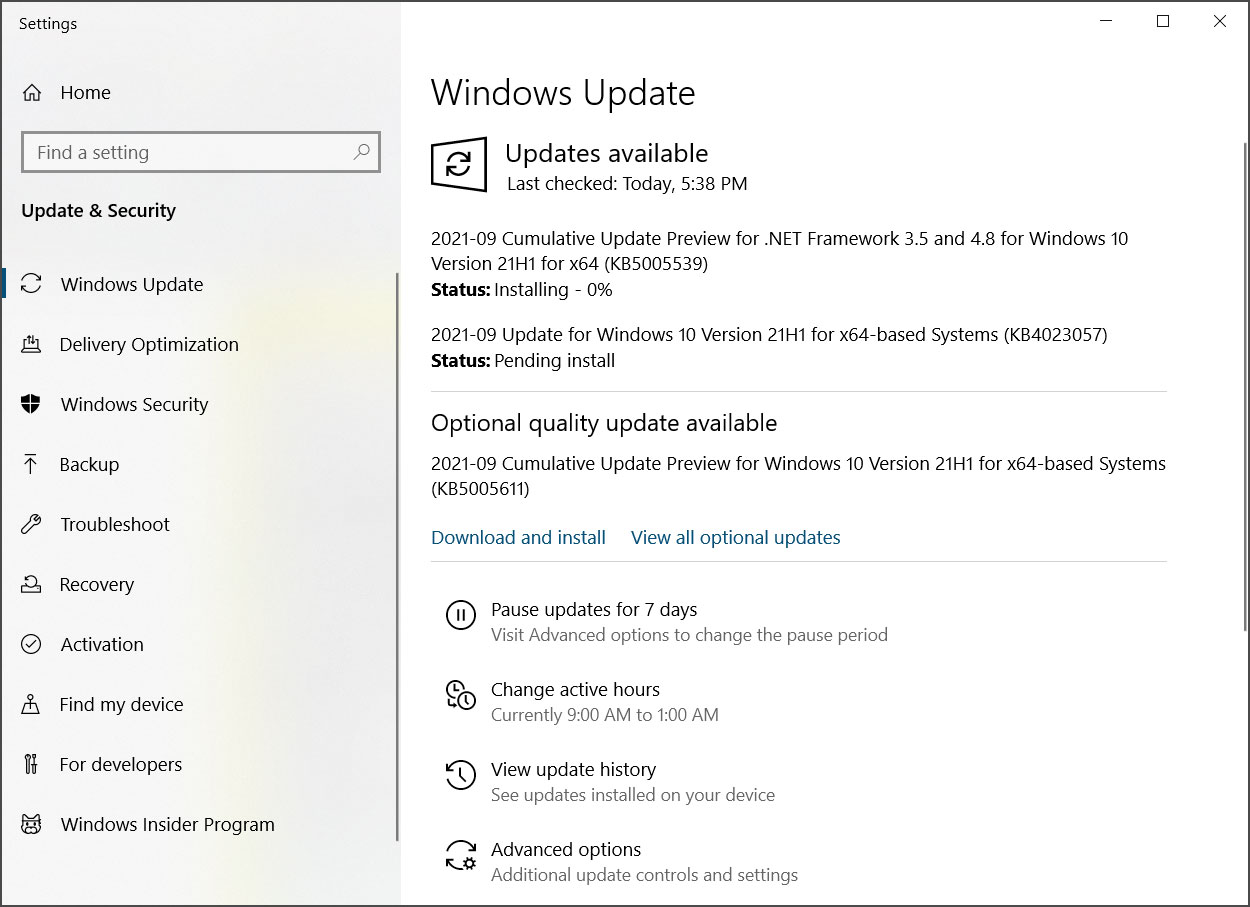 Windows Update offering the optional KB5005611 update