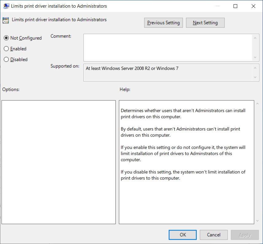 New Limits print driver installation to Administrators group policy