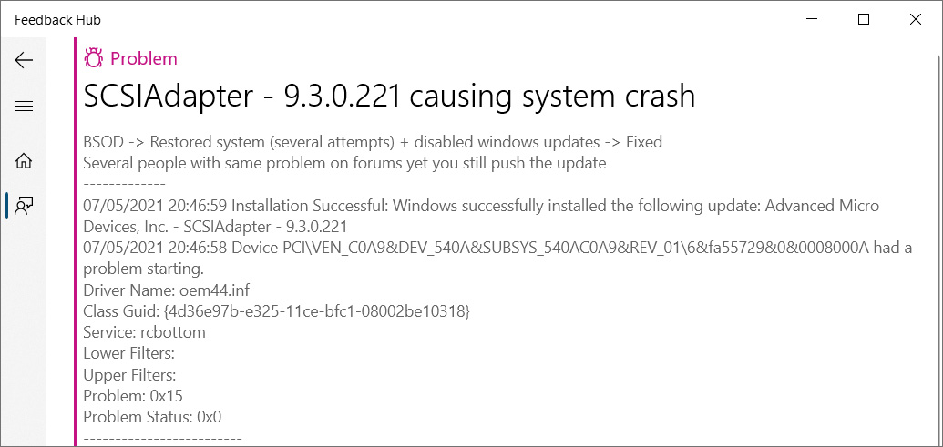 Feedback Hub report about bad AMD SCSIAdapter driver