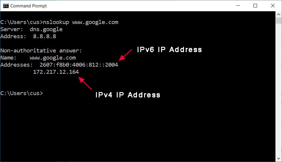 Looking up the IP address for www.google.com