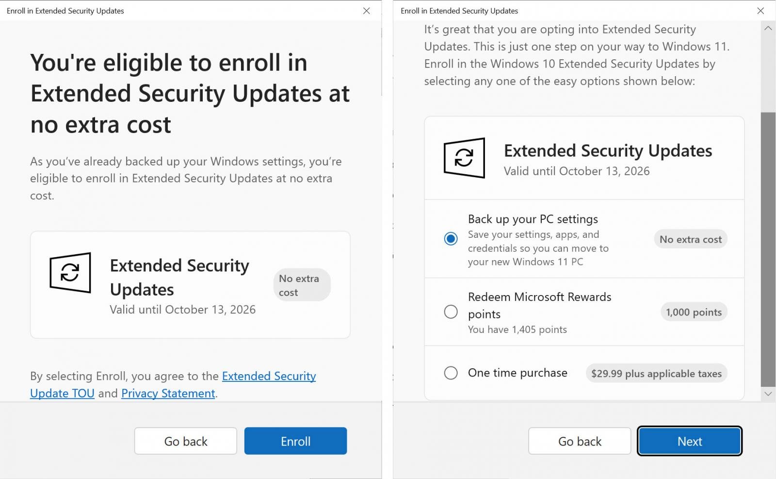 Still on Windows 10? Enroll in free ESU before next week’s Patch Tuesday 7 Different enrollment option screens depending on whether Windows settings are backed up