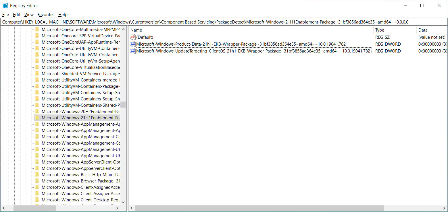 Registry editor showing Windows 10 20H1 enablement package