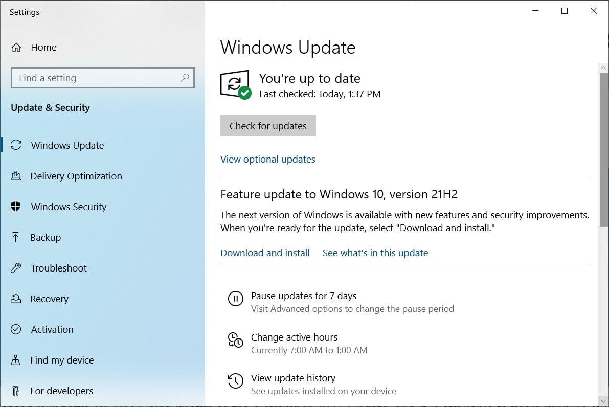 The Windows 10, version 21H2 feature update