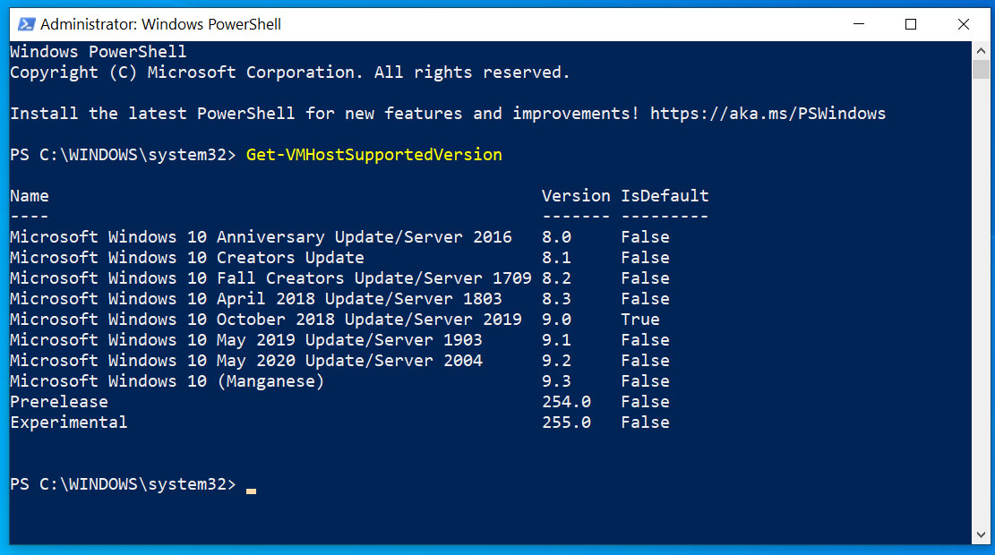 Output of VMHostSupportedVersion showing May 2020 Update