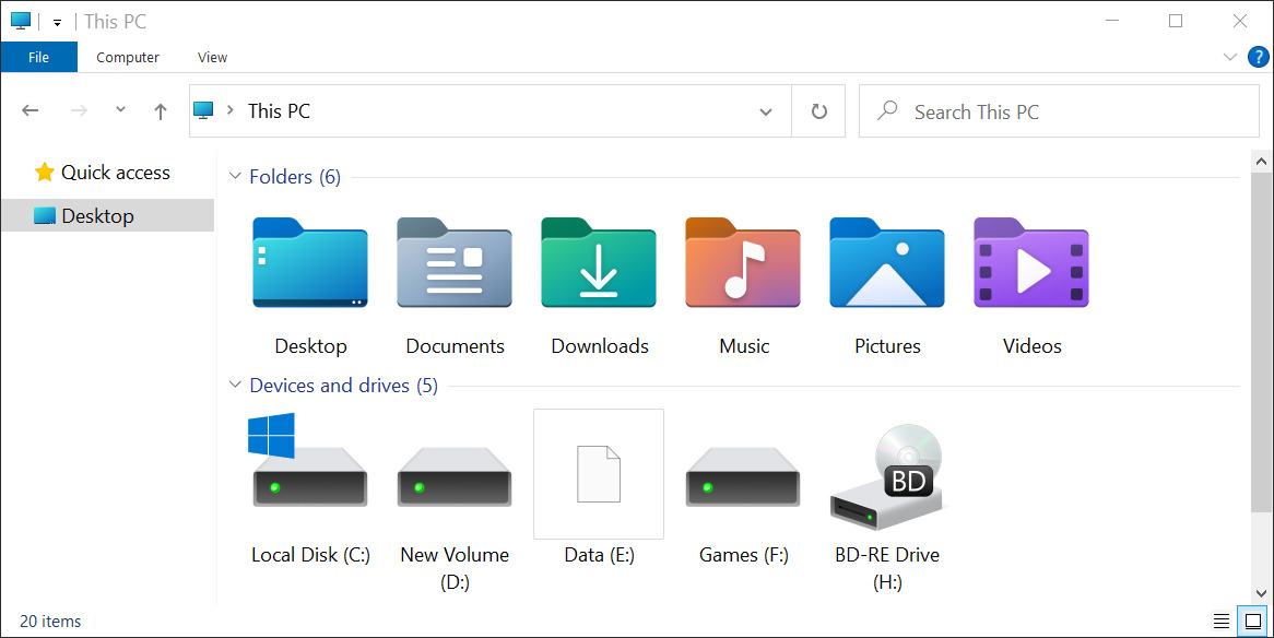Windows 10 File Explorer with new Fluent icons