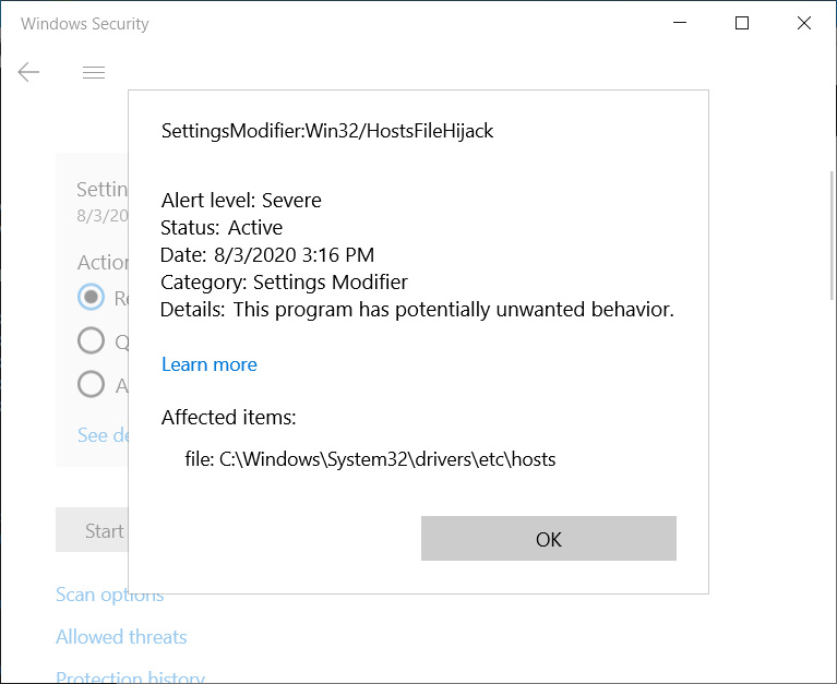 SettingsModifier:Win32/HostsFileHijack detection