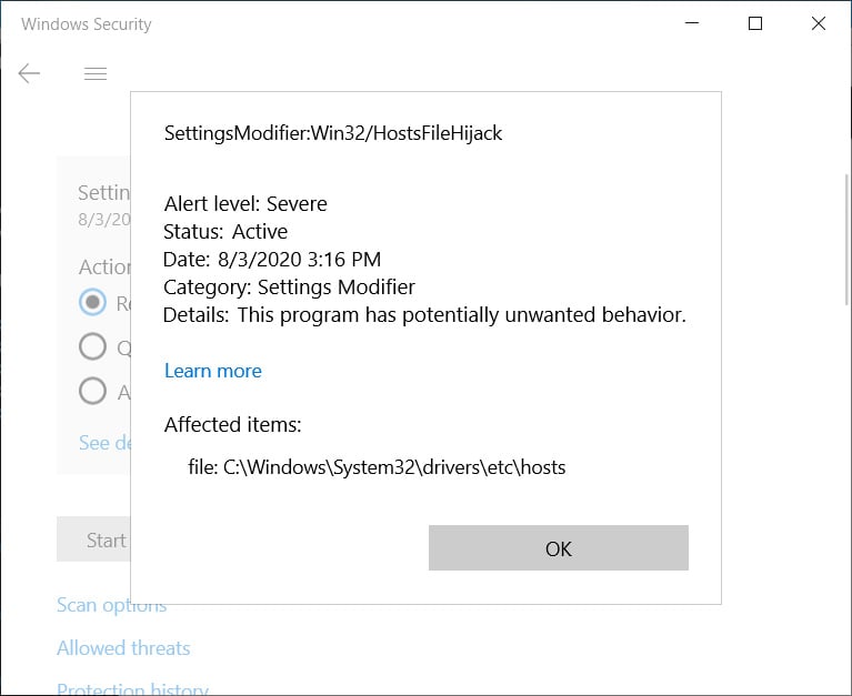 Win32/HostsFileHijack detection