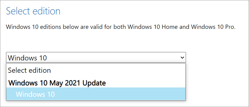 Select Windows 10 May 2021 Update