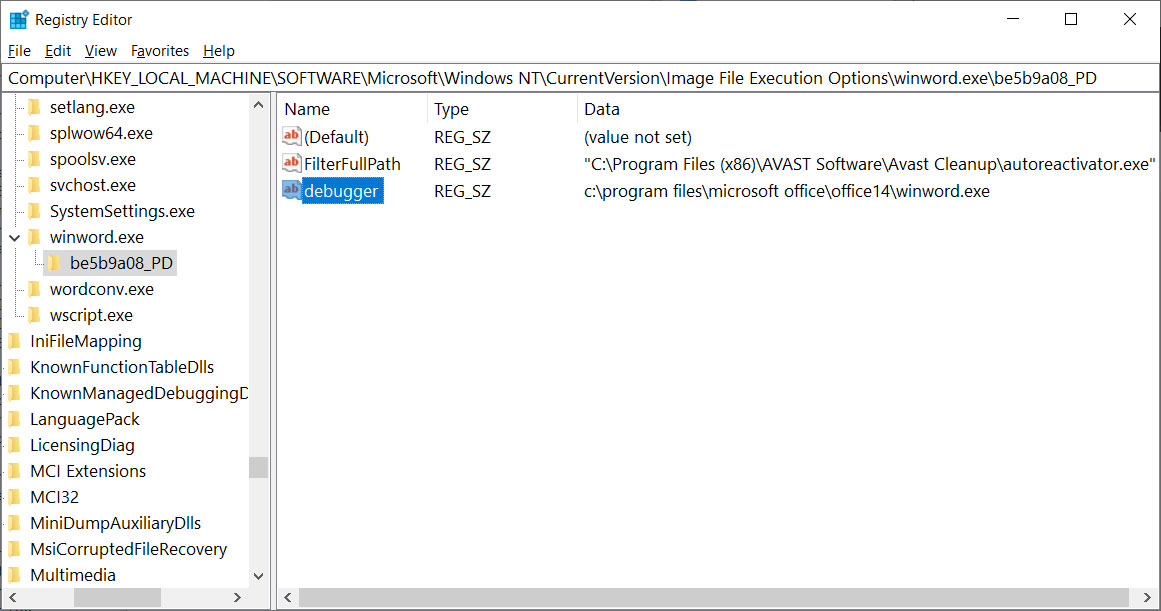 Winword.exe ile kullanılan avast filtresi