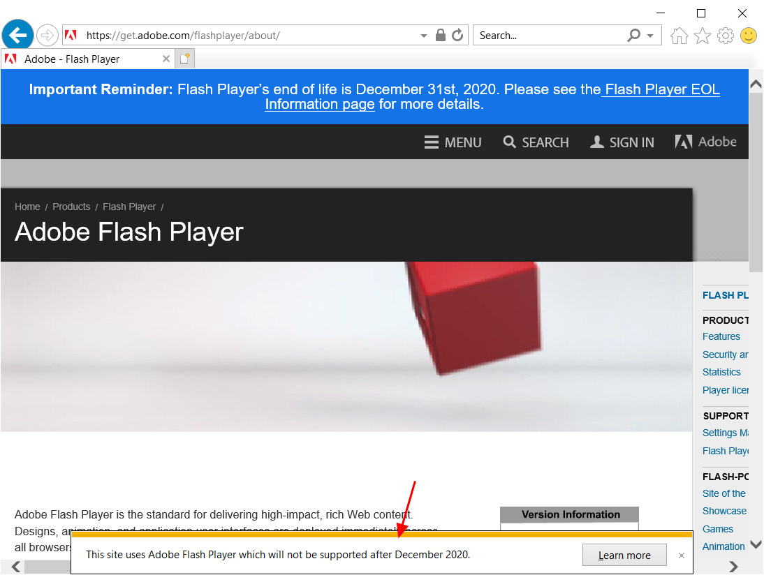 Flash warning in Internet Explorer