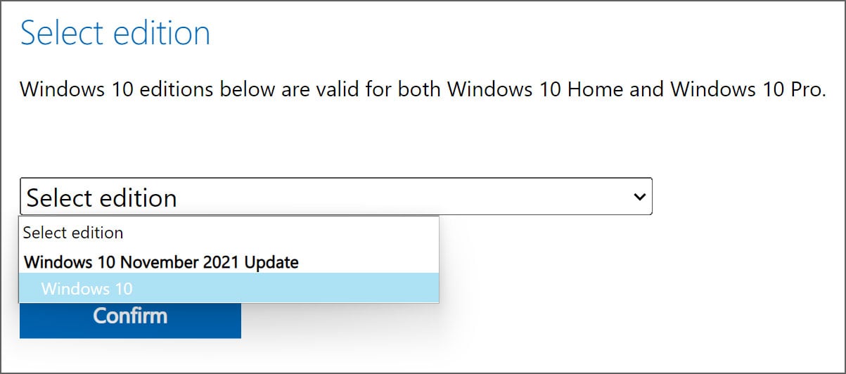 Seleccione la actualización de Windows 10 de noviembre de 2021