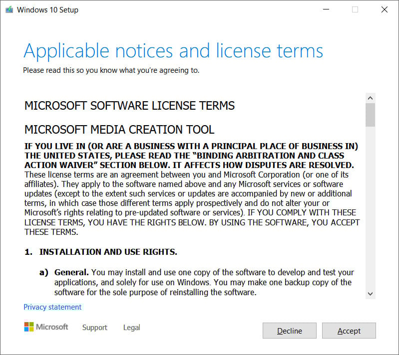 Media Creation Tool license agreement
