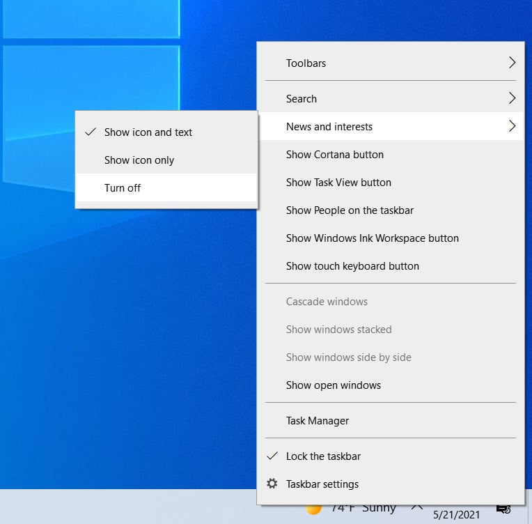 Disable Windows 10's News and Interests app