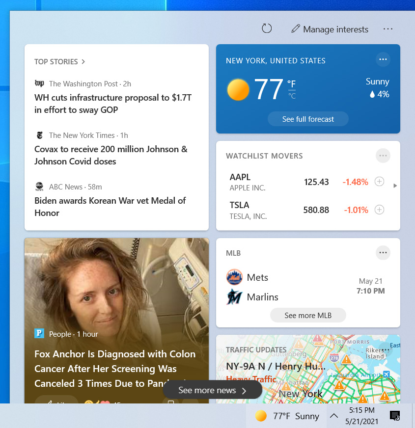 News and Interests taskbar news feed