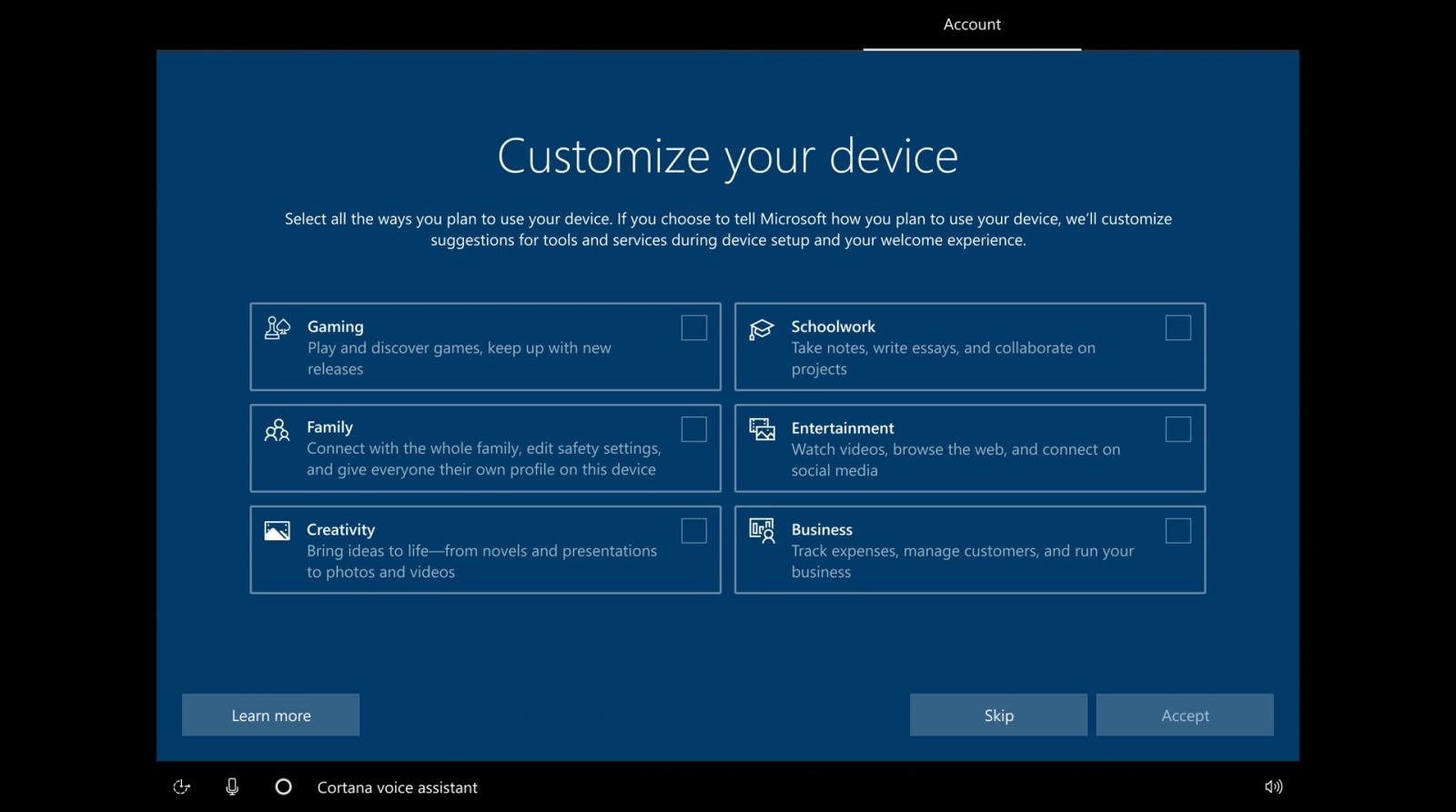 New Windows 10 setup optional customization screen
