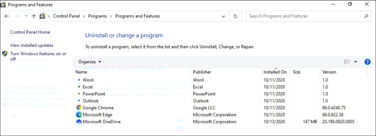 PWAs installed in Windows 10 Programs and Features settings