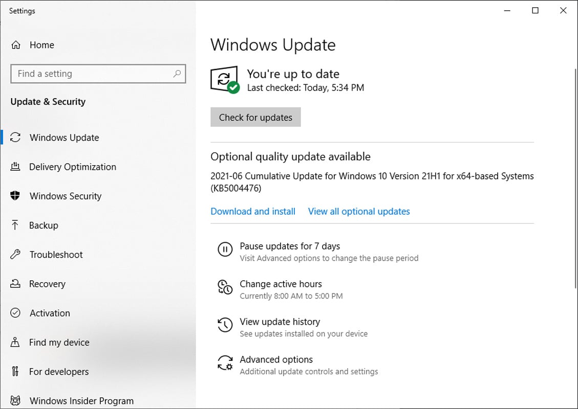 Windows 10 KB5004476 OOB update shown after installing Windows 10 21H1