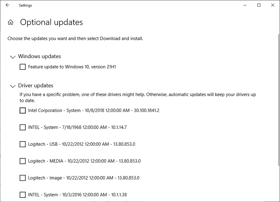 Windows 10 Optional Updates screen