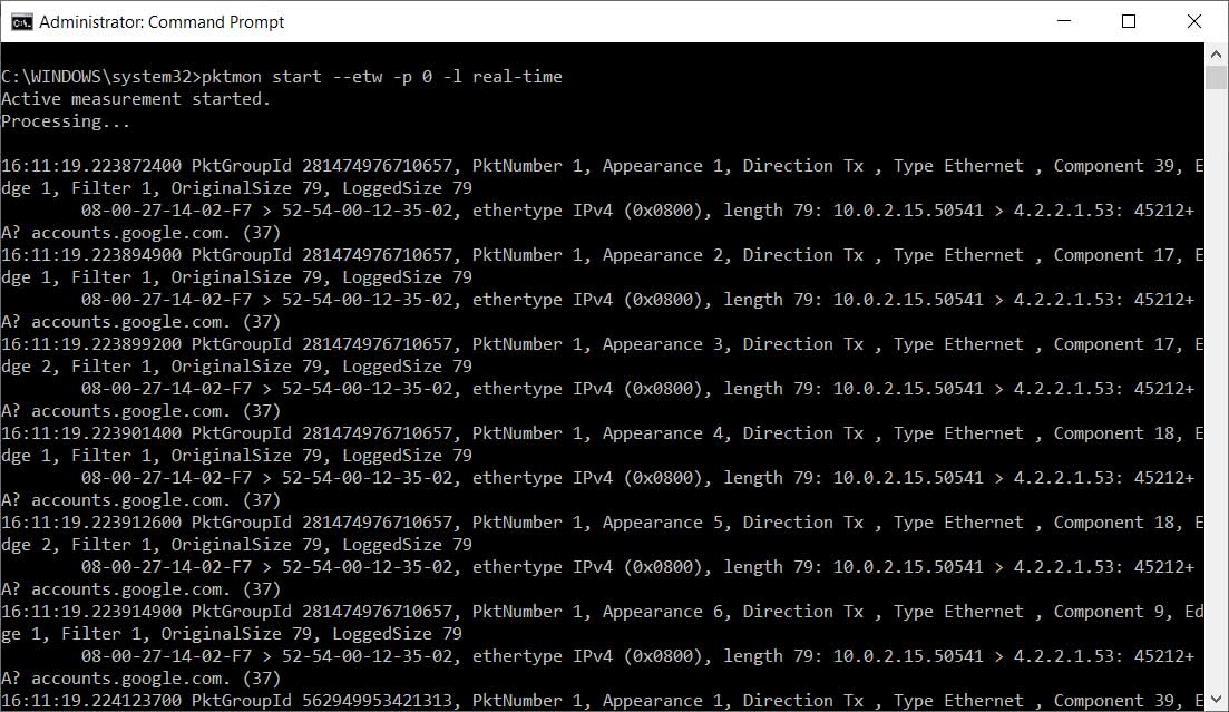 Real-time monitoring of DNS packets