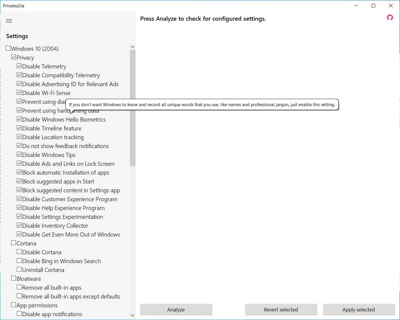 Privatezilla tooltip