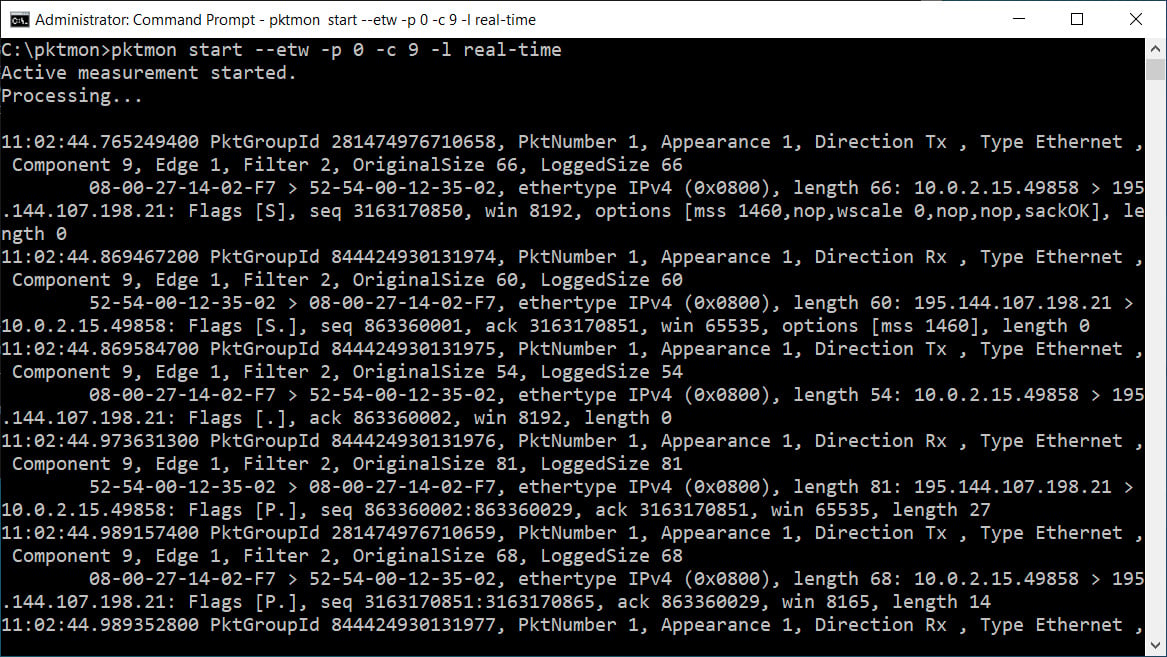 Built-in Pktmon network packet sniffer