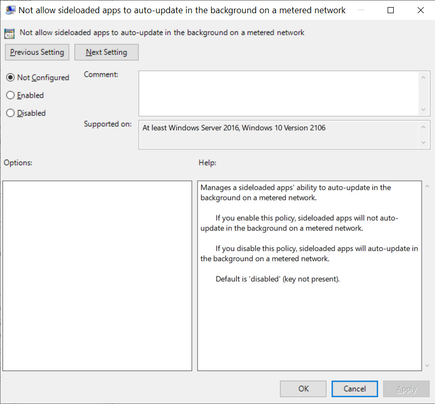 Not allow sideloaded apps to auto-update in the background on a metered network policy