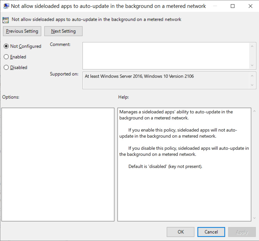 No permitir que las aplicaciones descargadas se actualicen automáticamente en segundo plano en una política de red medida