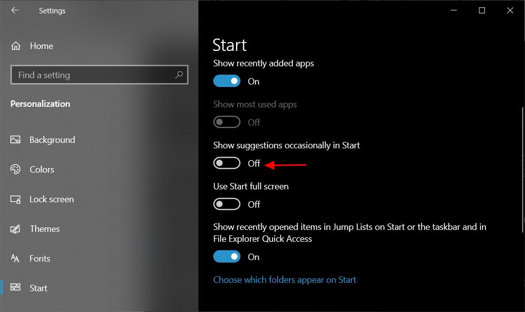 Disable show start menu suggestions
