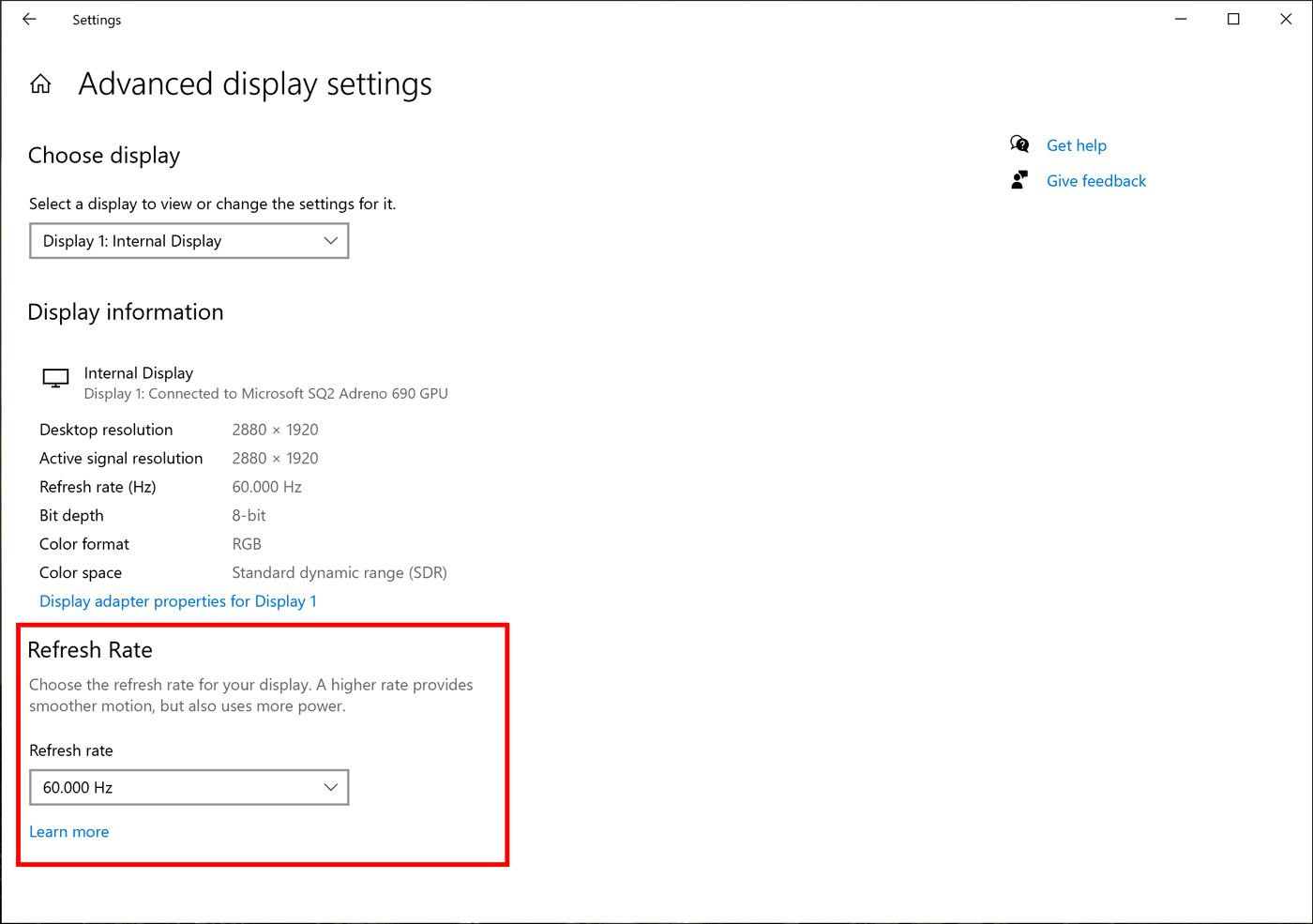 New WIndows 10 refresh rate settings