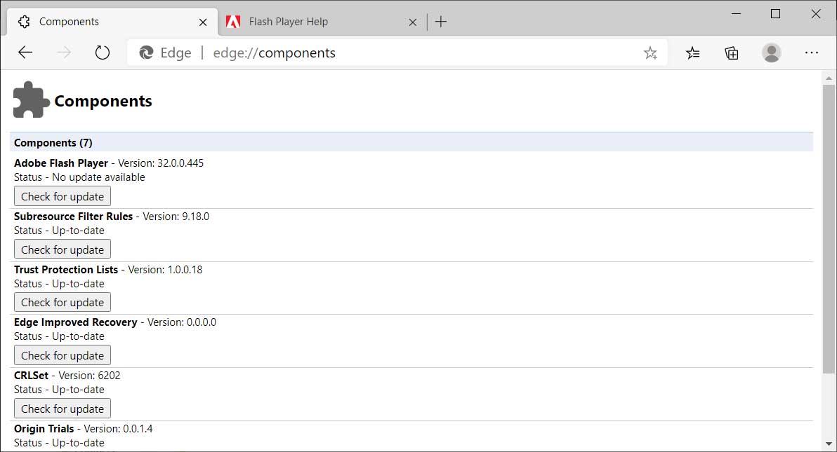 Adobe Flash Player component in Microsoft Edge