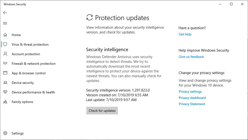 Current Windows Defender Definitions