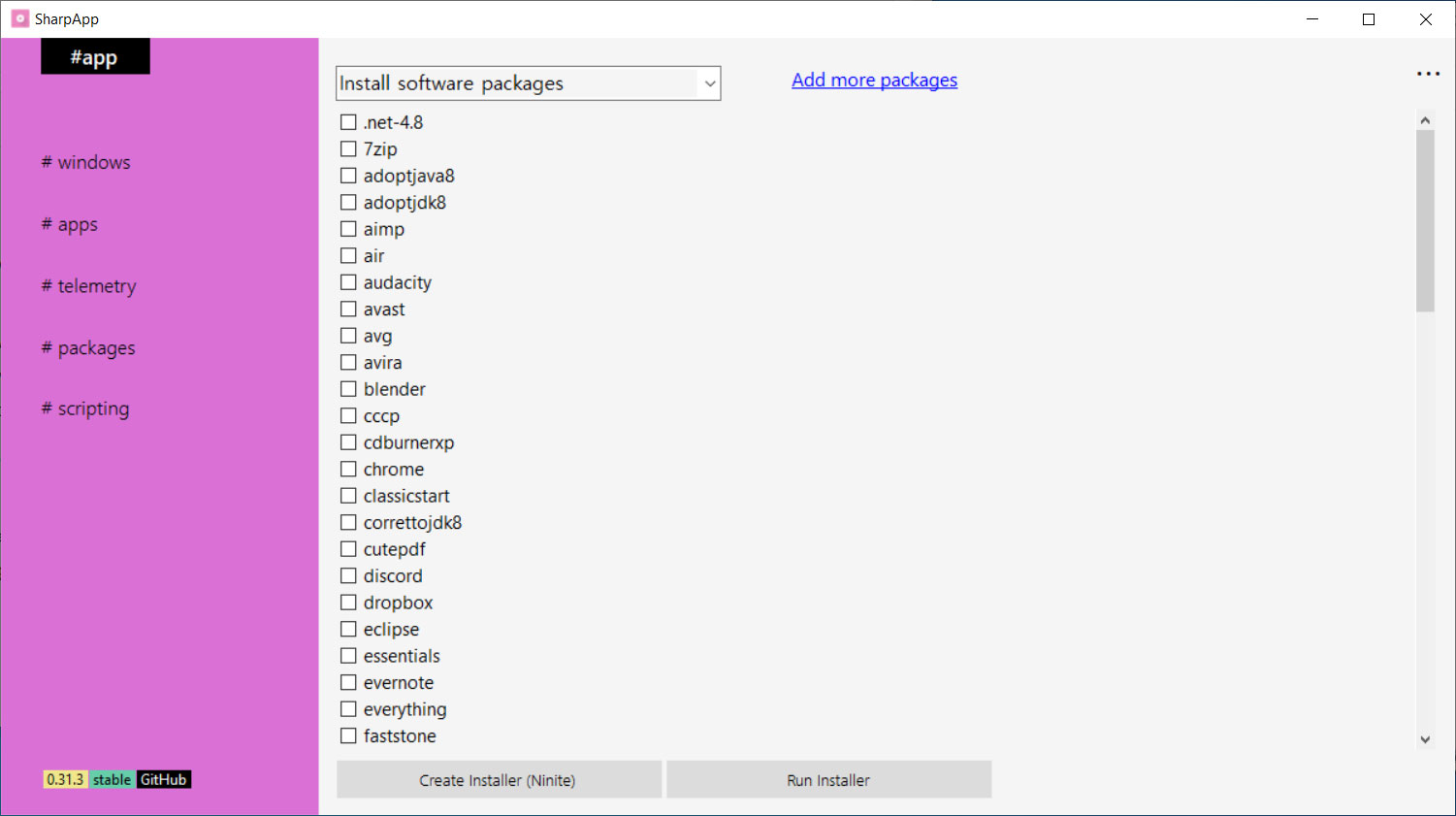 Packages section allows you to install popular programs