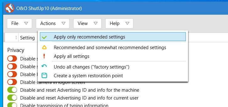 Apply only recommended settings option