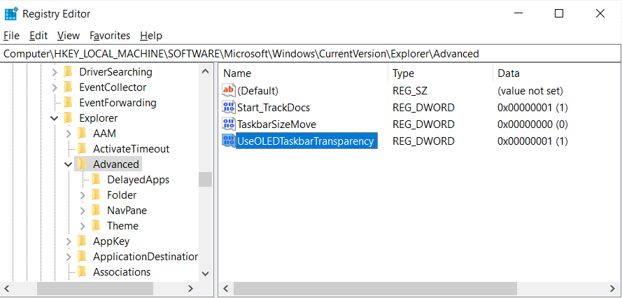 UseOLEDTaskbarTransparency Value Created