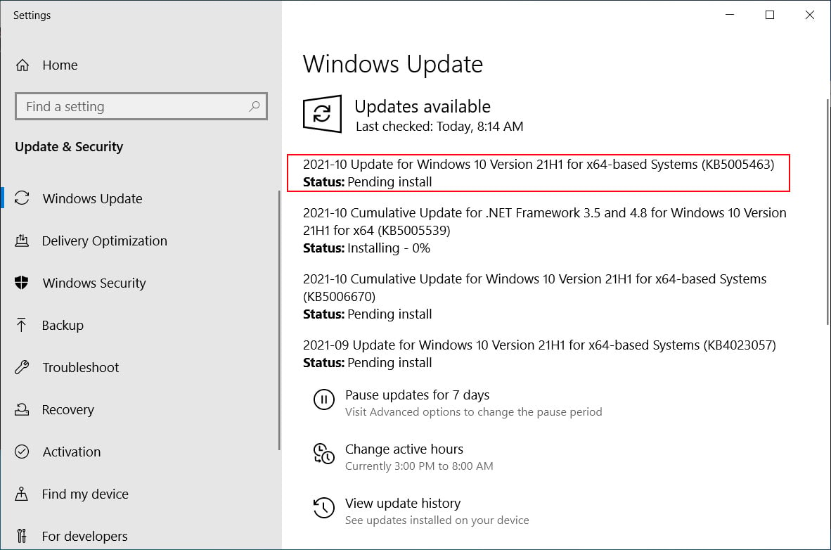 Windows 10 KB5005463 update automatically installing